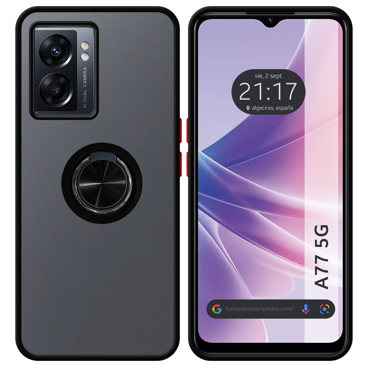 Funda Mate con Borde Negro y Anillo Giratorio 360 para Oppo A77 5G