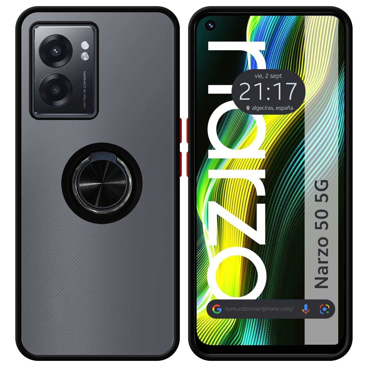 Funda Mate con Borde Negro y Anillo Giratorio 360 para Realme Narzo 50 5G