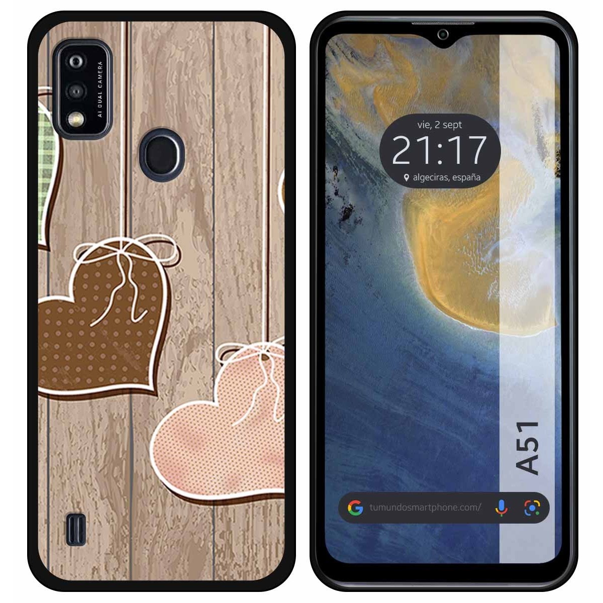 Funda Silicona para ZTE Blade A51 diseño Corazones Madera Dibujos
