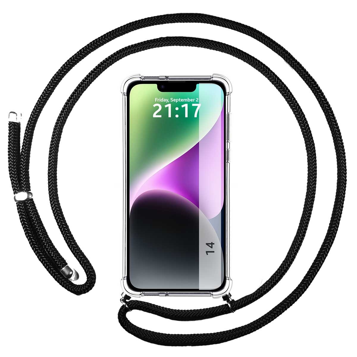 Funda Colgante Transparente compatible con iPhone 14 (6.1) con Cordon Negro