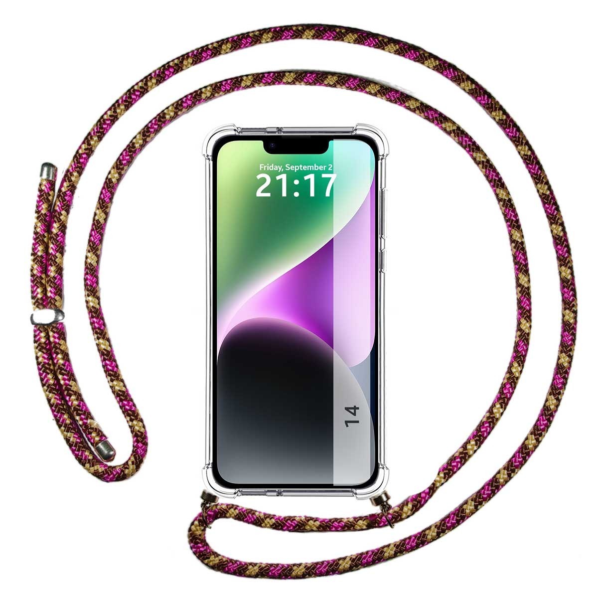 Funda Colgante Transparente compatible con iPhone 14 (6.1) con Cordon Rosa / Dorado