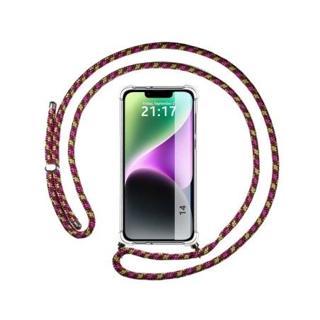Funda Colgante Transparente compatible con iPhone 14 (6.1) con Cordon Rosa / Dorado