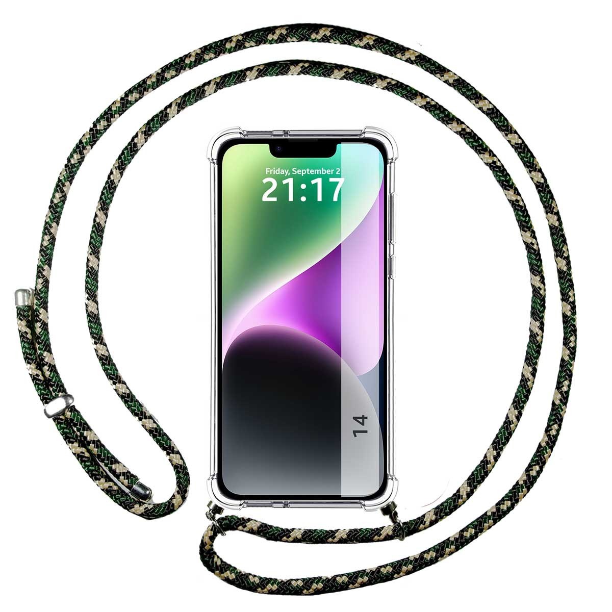 Funda Colgante Transparente compatible con iPhone 14 (6.1) con Cordon Verde / Dorado