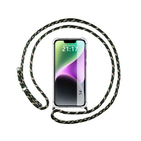 Funda Colgante Transparente compatible con iPhone 14 (6.1) con Cordon Verde / Dorado