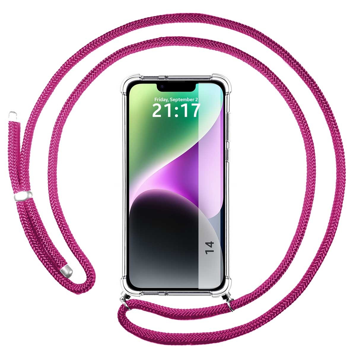 Funda Colgante Transparente compatible con iPhone 14 (6.1) con Cordon Rosa Fucsia