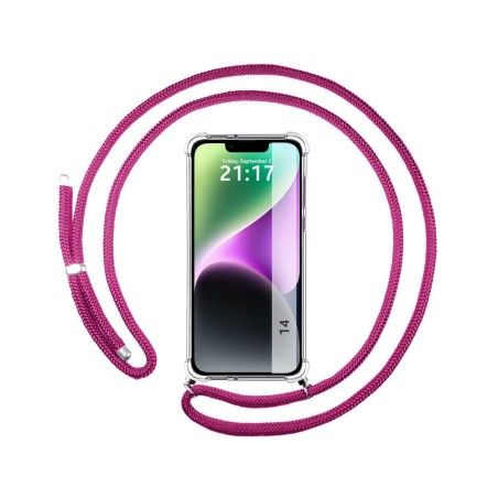 Funda Colgante Transparente compatible con iPhone 14 (6.1) con Cordon Rosa Fucsia