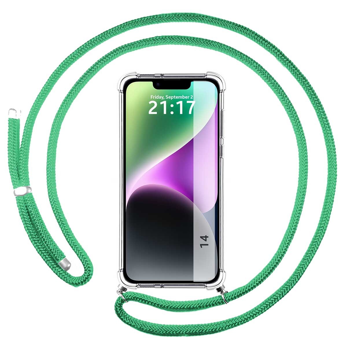 Funda Colgante Transparente compatible con iPhone 14 (6.1) con Cordon Verde Agua