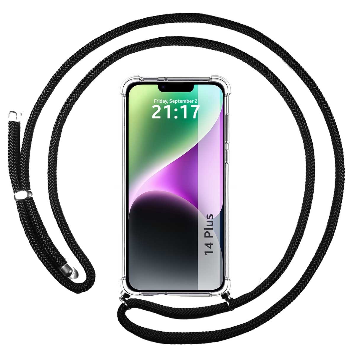 Funda Colgante Transparente compatible con iPhone 14 Plus (6.7) con Cordon Negro