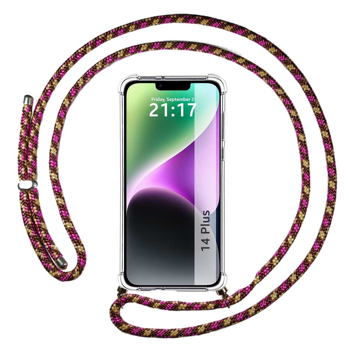 Funda Colgante Transparente compatible con iPhone 14 Plus (6.7) con Cordon Rosa / Dorado