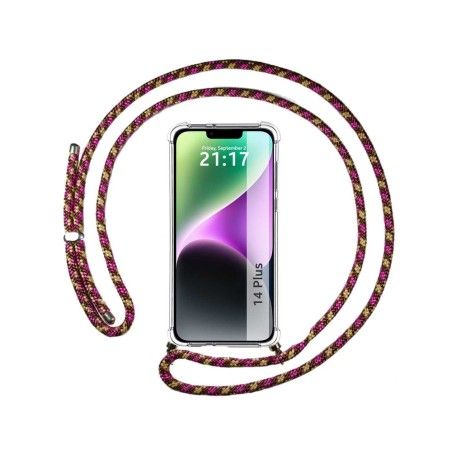 Funda Colgante Transparente compatible con iPhone 14 Plus (6.7) con Cordon Rosa / Dorado