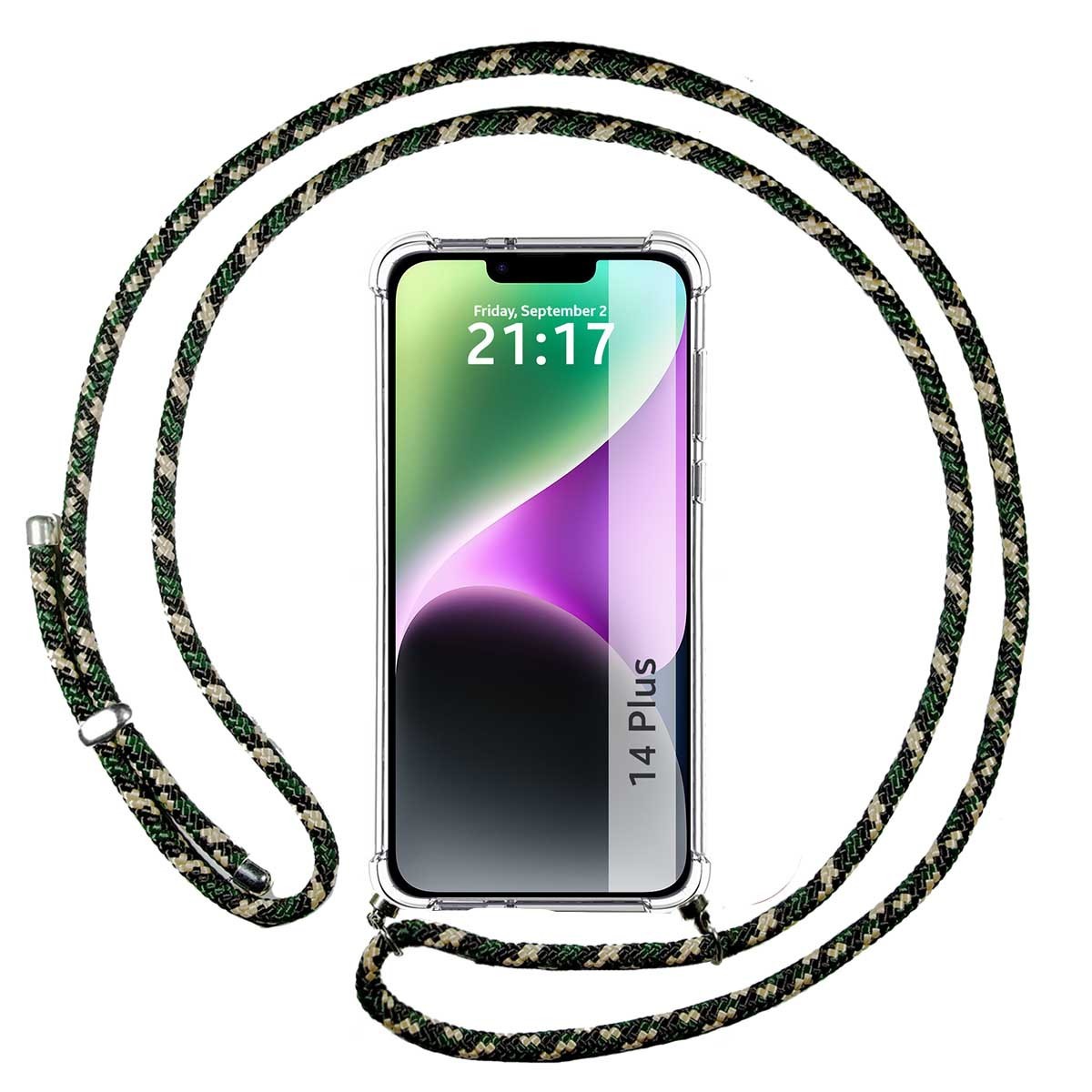 Funda Colgante Transparente compatible con iPhone 14 Plus (6.7) con Cordon Verde / Dorado