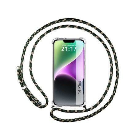 Funda Colgante Transparente compatible con iPhone 14 Plus (6.7) con Cordon Verde / Dorado