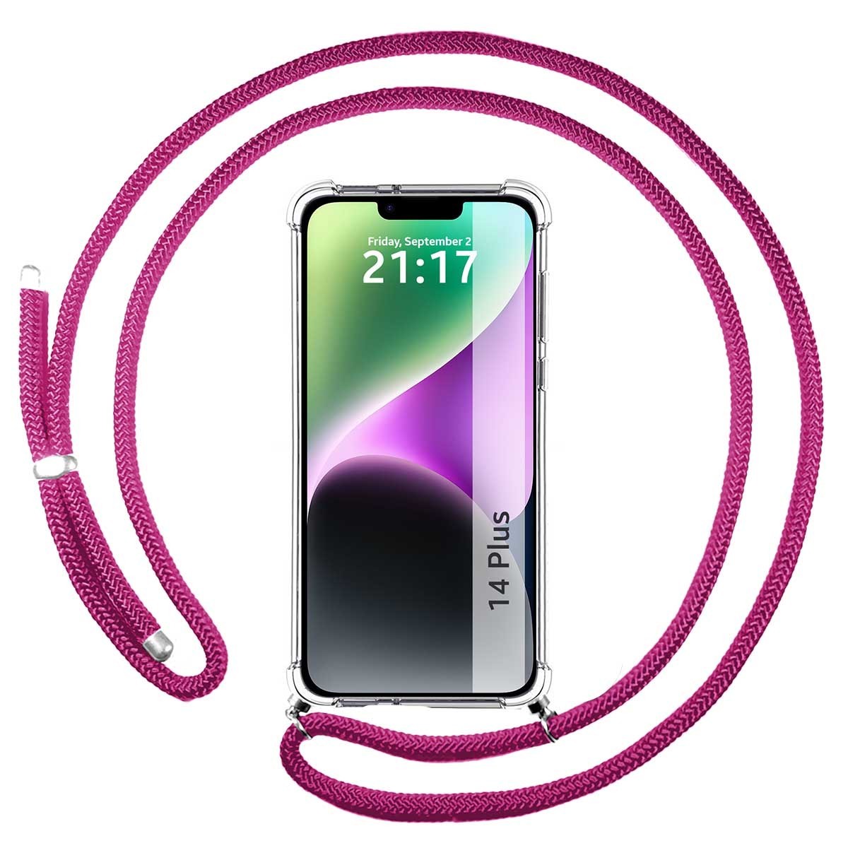 Funda Colgante Transparente compatible con iPhone 14 Plus (6.7) con Cordon Rosa Fucsia