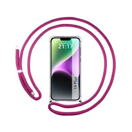 Funda Colgante Transparente compatible con iPhone 14 Plus (6.7) con Cordon Rosa Fucsia