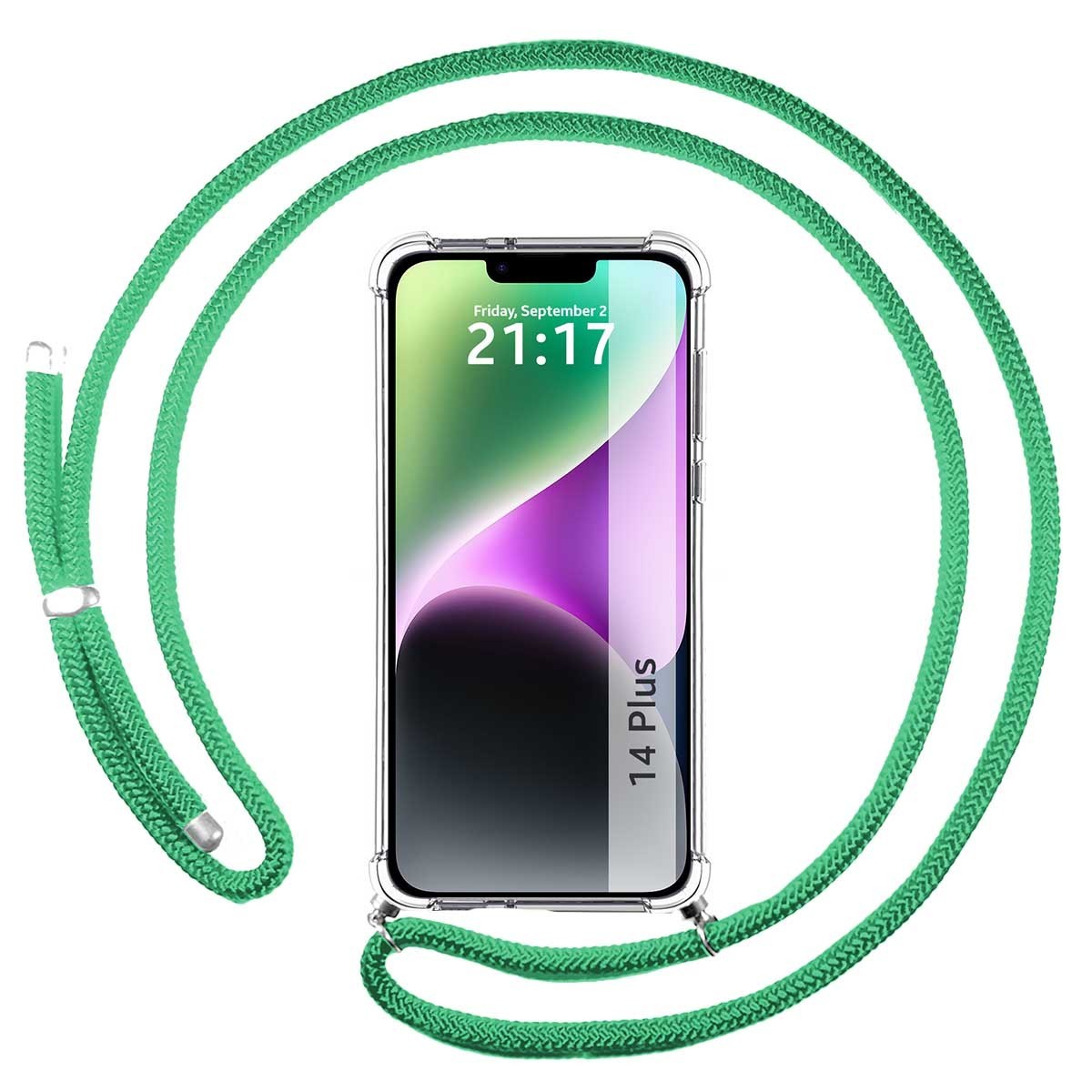 Funda Colgante Transparente compatible con iPhone 14 Plus (6.7) con Cordon Verde Agua