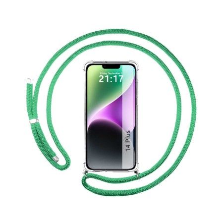 Funda Colgante Transparente compatible con iPhone 14 Plus (6.7) con Cordon Verde Agua
