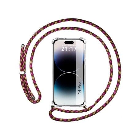 Funda Colgante Transparente compatible con iPhone 14 Pro (6.1) con Cordon Rosa / Dorado
