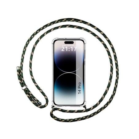 Funda Colgante Transparente compatible con iPhone 14 Pro (6.1) con Cordon Verde / Dorado