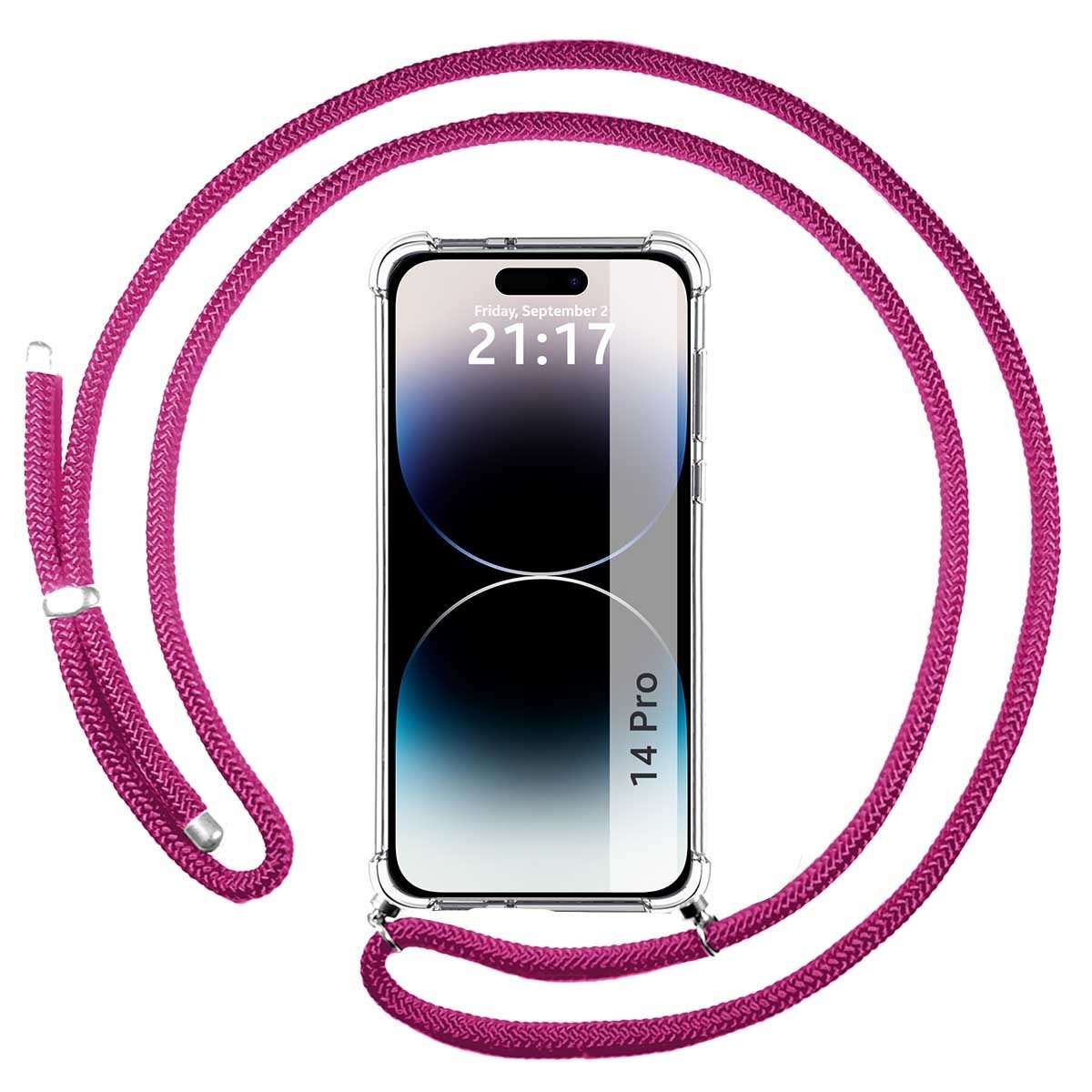 Funda Colgante Transparente compatible con iPhone 14 Pro (6.1) con Cordon Rosa Fucsia