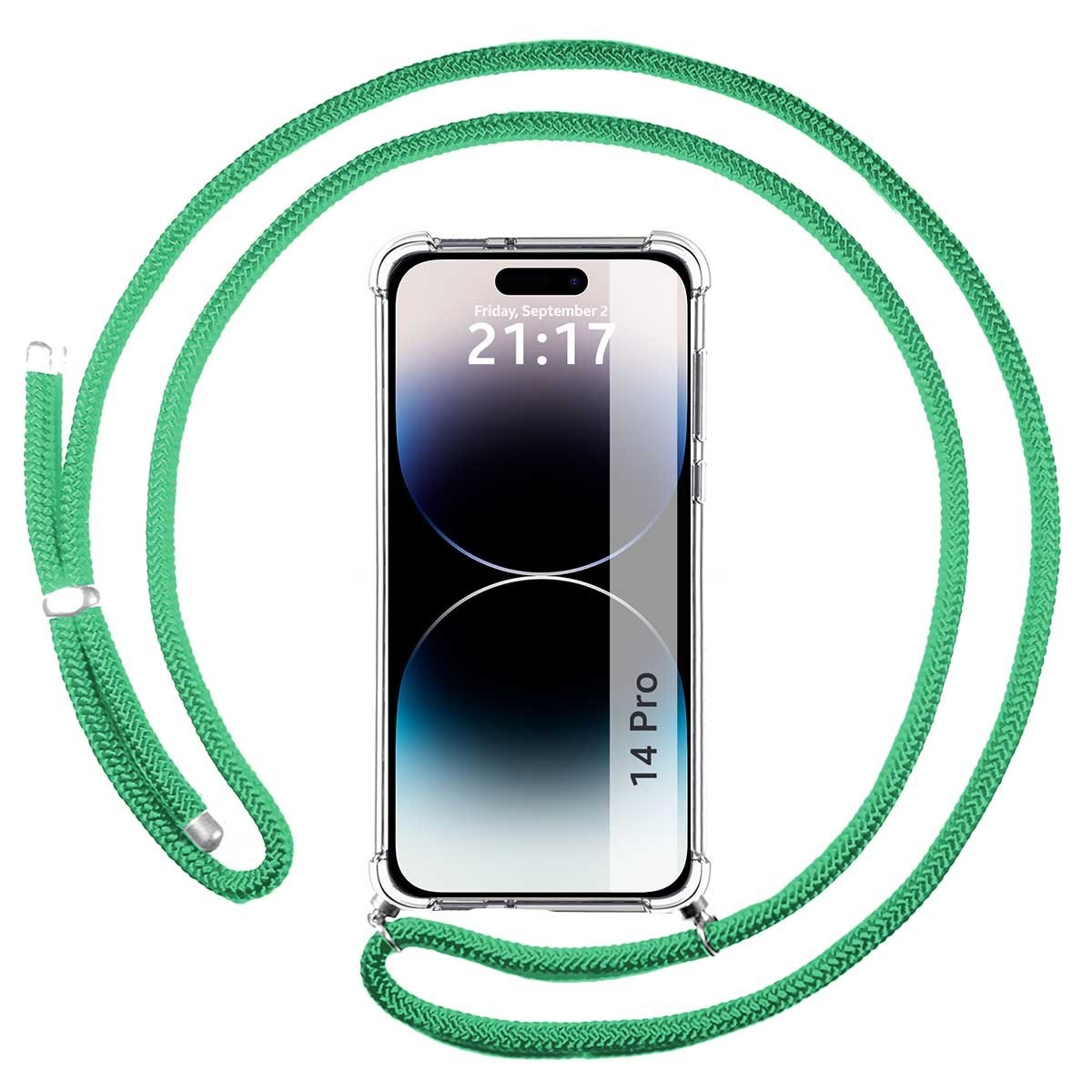 Funda Colgante Transparente compatible con iPhone 14 Pro (6.1) con Cordon Verde Agua