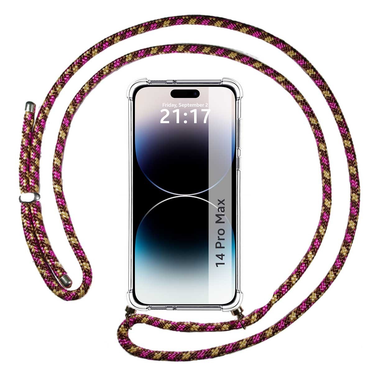 Funda Colgante Transparente compatible con iPhone 14 Pro Max (6.7) con Cordon Rosa / Dorado