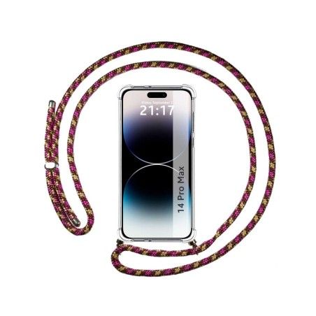 Funda Colgante Transparente compatible con iPhone 14 Pro Max (6.7) con Cordon Rosa / Dorado