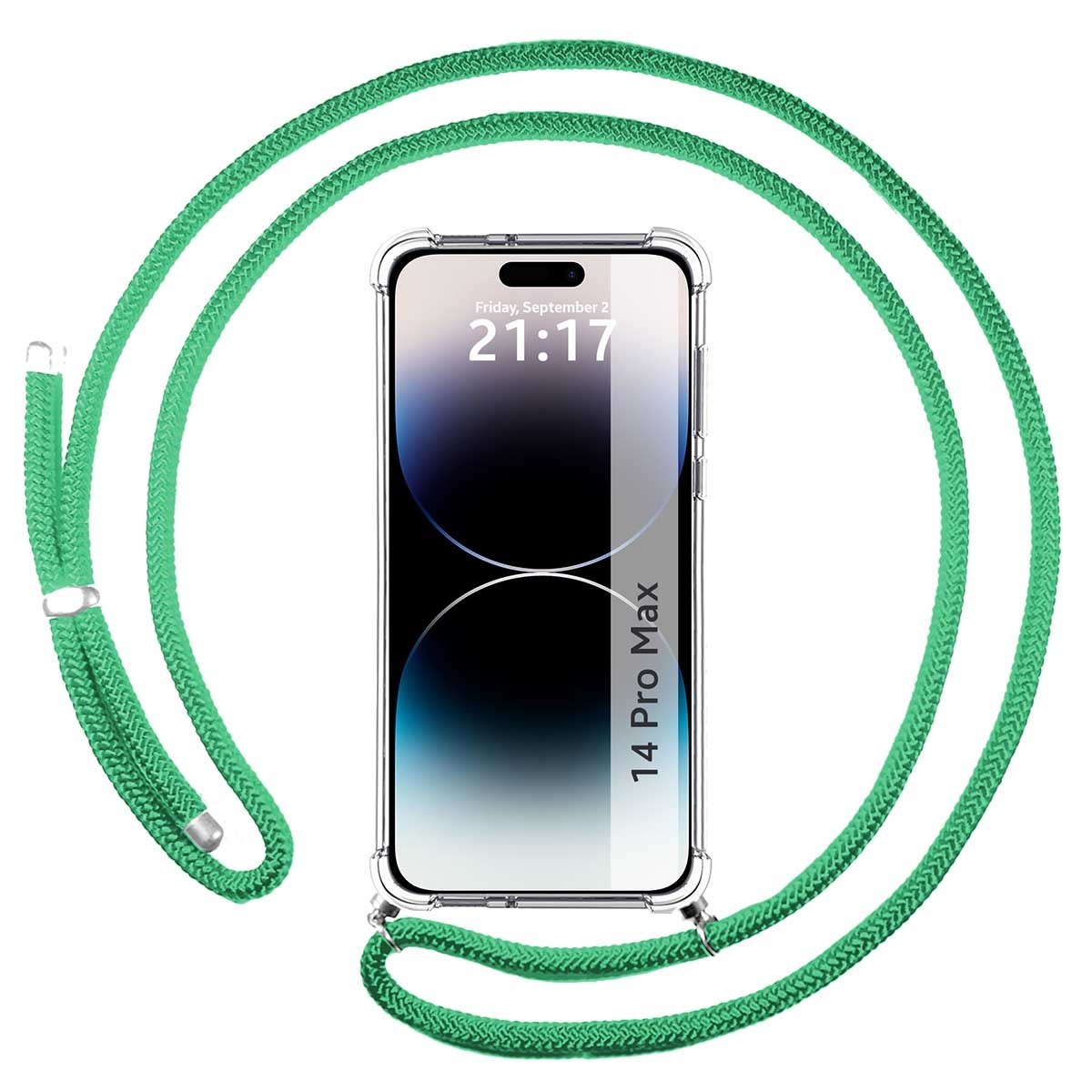 Funda Colgante Transparente compatible con iPhone 14 Pro Max (6.7) con Cordon Verde Agua
