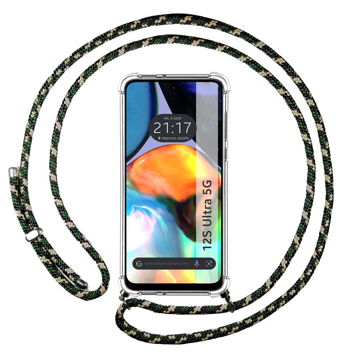 Funda Colgante Transparente para Motorola Moto E32 4G con Cordon Verde / Dorado