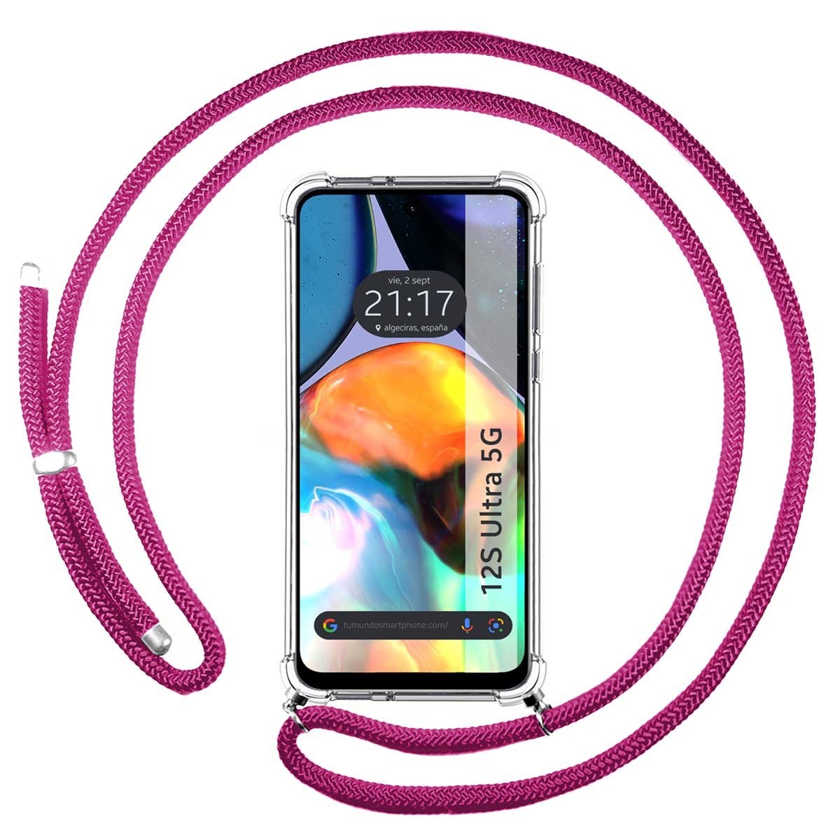 Funda Colgante Transparente para Motorola Moto E32 4G con Cordon Rosa Fucsia