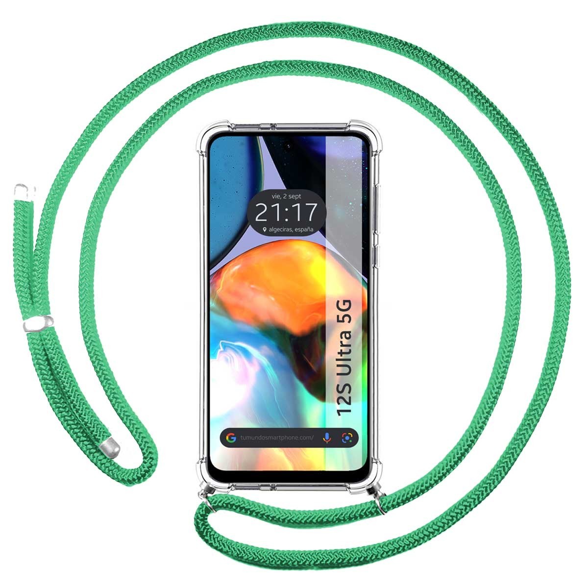 Funda Colgante Transparente para Motorola Moto E32 4G con Cordon Verde Agua