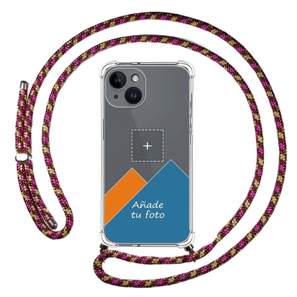 Personaliza tu Funda Colgante Transparente compatible con iPhone 14 (6.1) con Cordon Rosa / Dorado Dibujo Personalizada