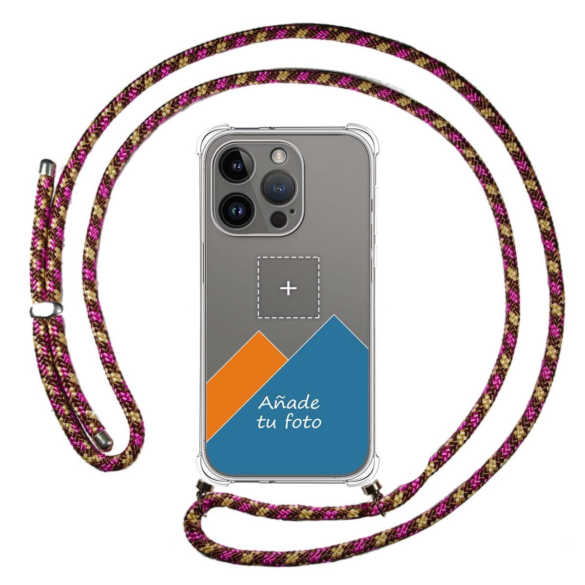 Personaliza tu Funda Colgante Transparente compatible con iPhone 14 Pro (6.1) con Cordon Rosa / Dorado Dibujo Personalizada