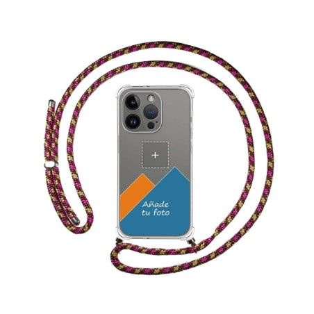 Personaliza tu Funda Colgante Transparente compatible con iPhone 14 Pro (6.1) con Cordon Rosa / Dorado Dibujo Personalizada