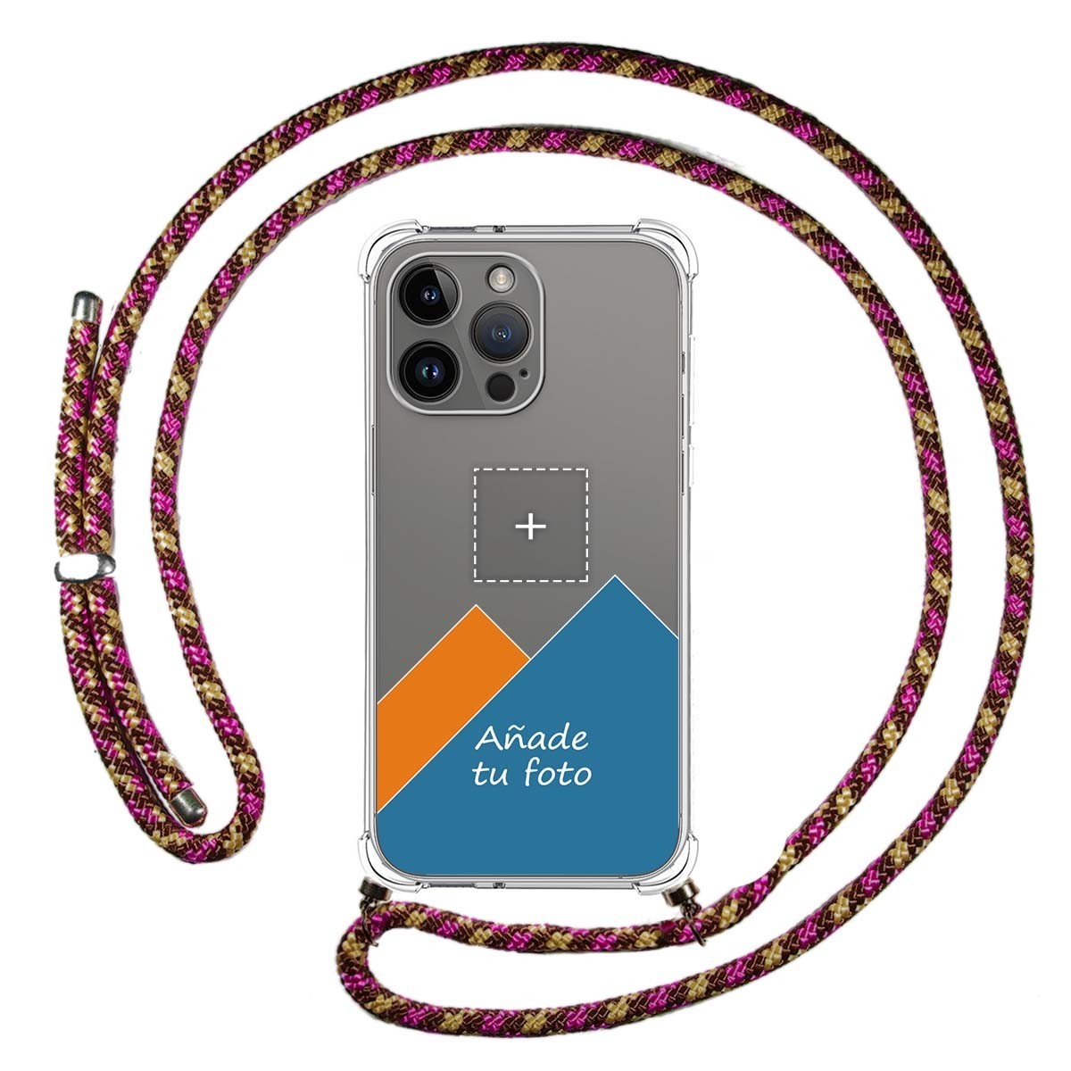 Personaliza tu Funda Colgante Transparente compatible con iPhone 14 Pro Max (6.7) con Cordon Rosa / Dorado Dibujo Personalizada