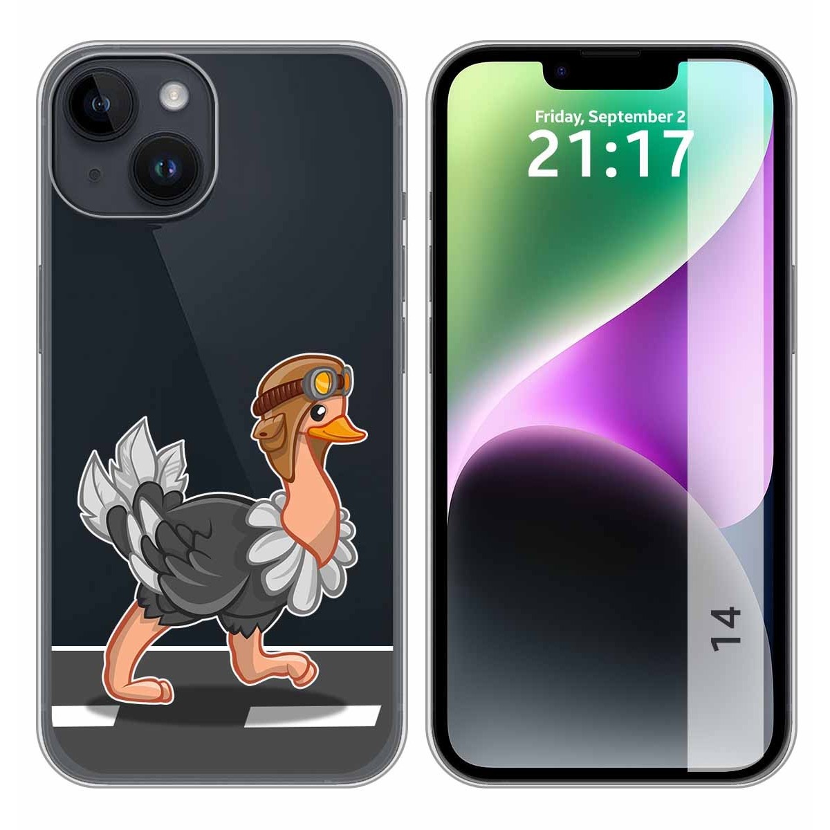 Funda Silicona Transparente compatible con iPhone 14 (6.1) diseño Avestruz Dibujos
