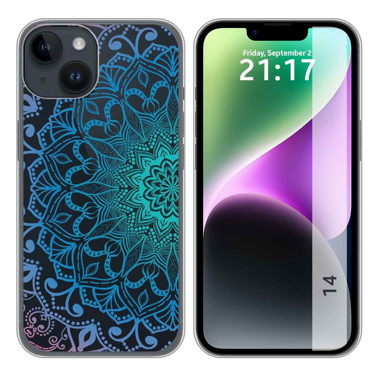 Funda Silicona Transparente compatible con iPhone 14 (6.1) diseño Mandala Dibujos