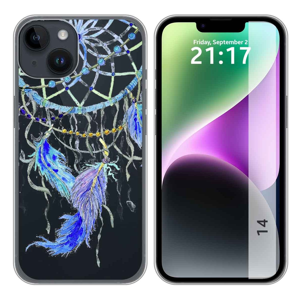 Funda Silicona Transparente compatible con iPhone 14 (6.1) diseño Plumas Dibujos