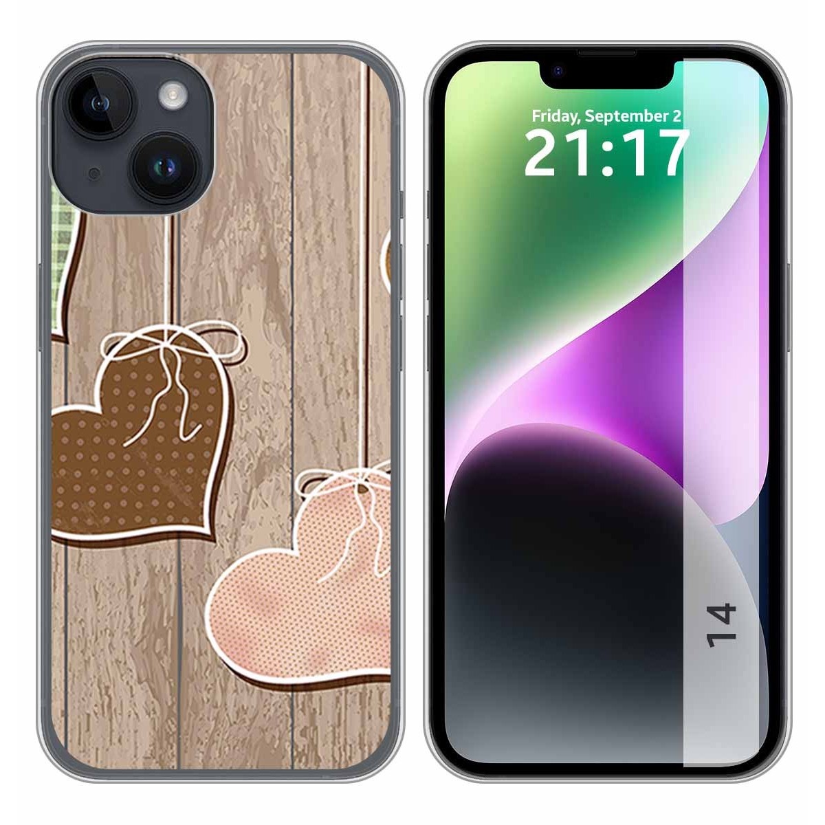Funda Silicona compatible con iPhone 14 (6.1) diseño Corazones Madera Dibujos