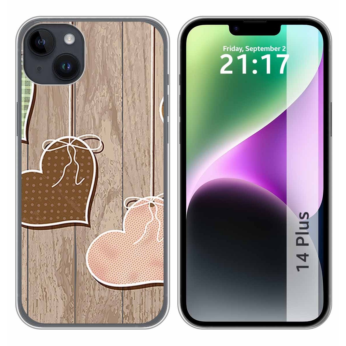 Funda Silicona compatible con iPhone 14 Plus (6.7) diseño Corazones Madera Dibujos