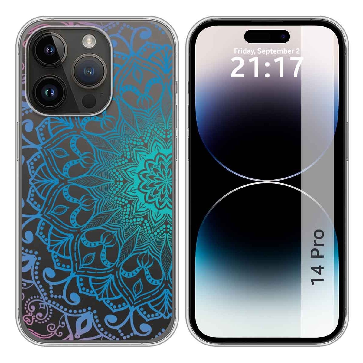Funda Silicona Transparente compatible con iPhone 14 Pro (6.1) diseño Mandala Dibujos