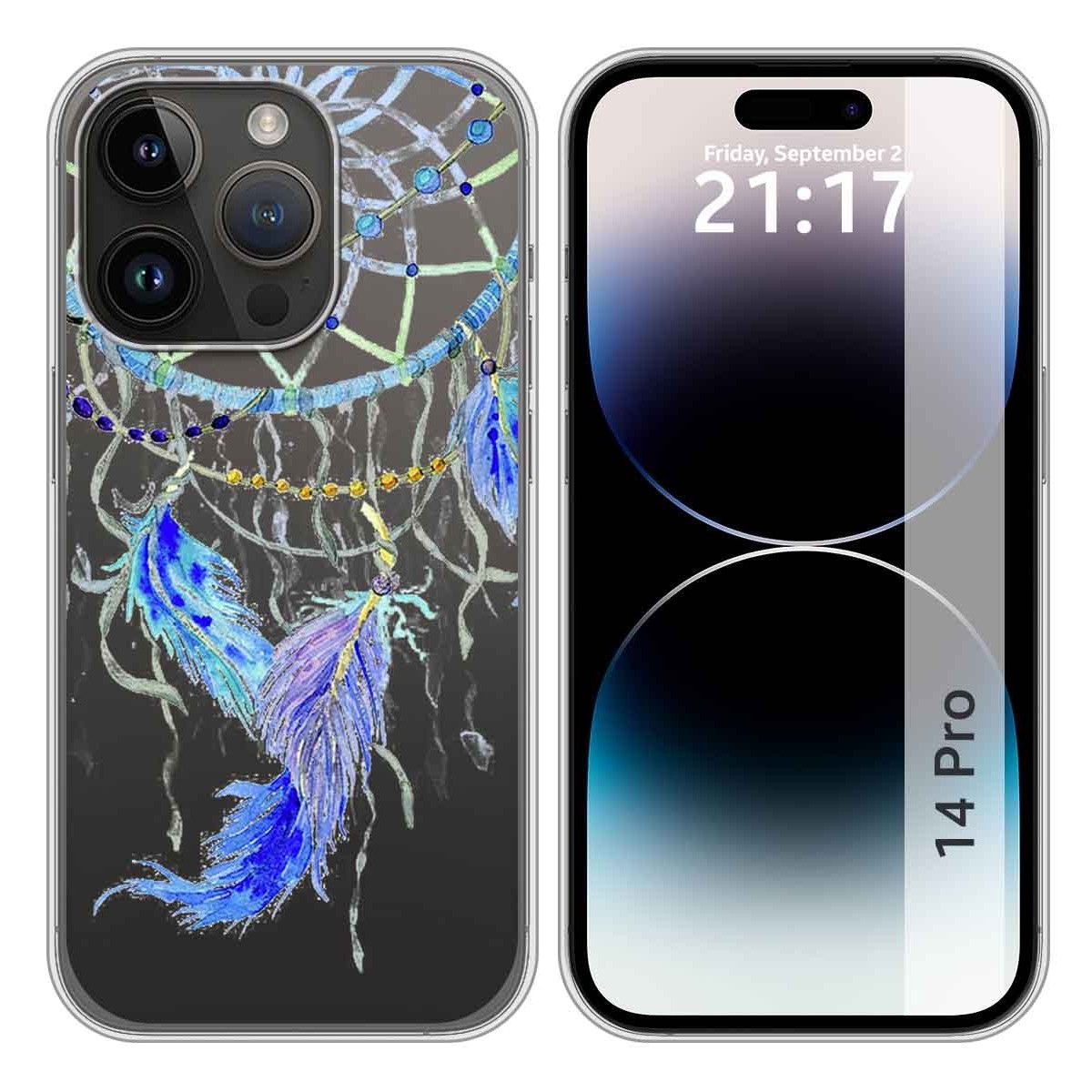 Funda Silicona Transparente compatible con iPhone 14 Pro (6.1) diseño Plumas Dibujos