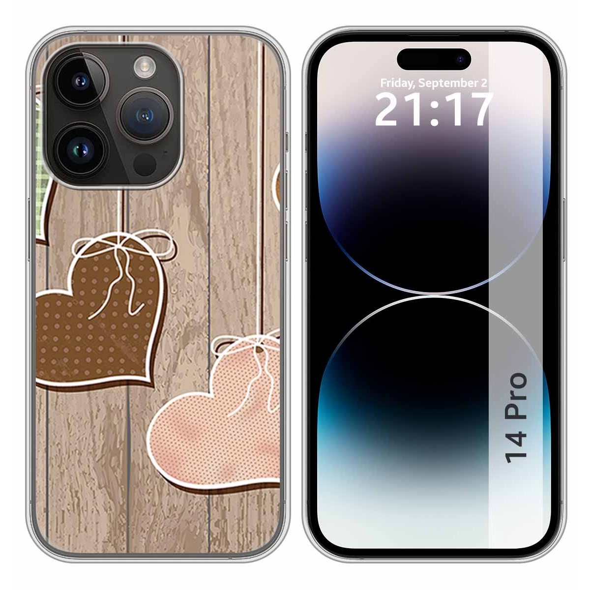Funda Silicona compatible con iPhone 14 Pro (6.1) diseño Corazones Madera Dibujos