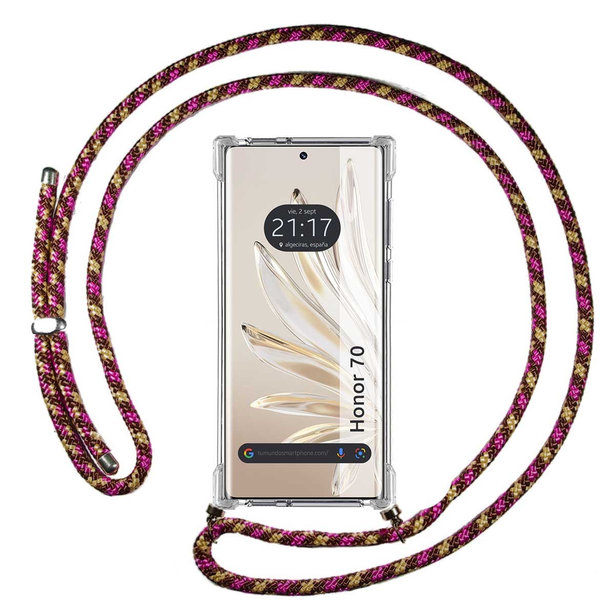 Huawei Honor 70 5G Funda Colgante transparente con cordón color Rosa /  Dorado