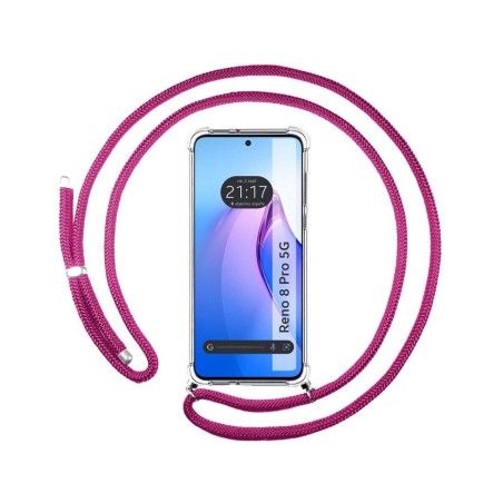 Funda Colgante Transparente para Oppo Reno 8 Pro 5G con Cordon Rosa Fucsia
