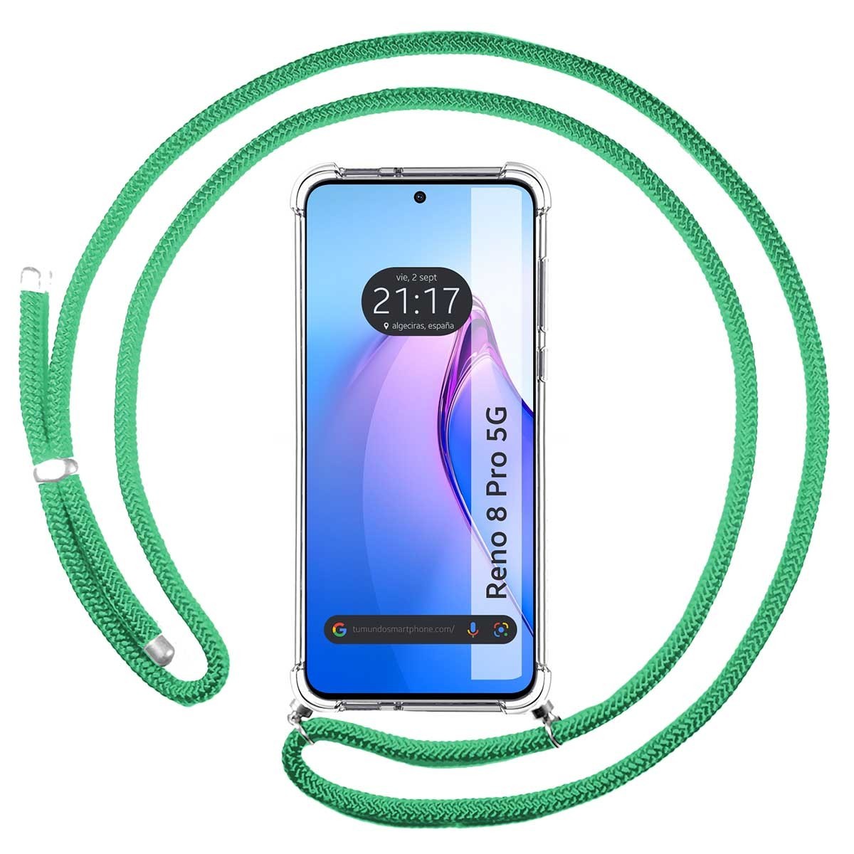 Funda Colgante Transparente para Oppo Reno 8 Pro 5G con Cordon Verde Agua