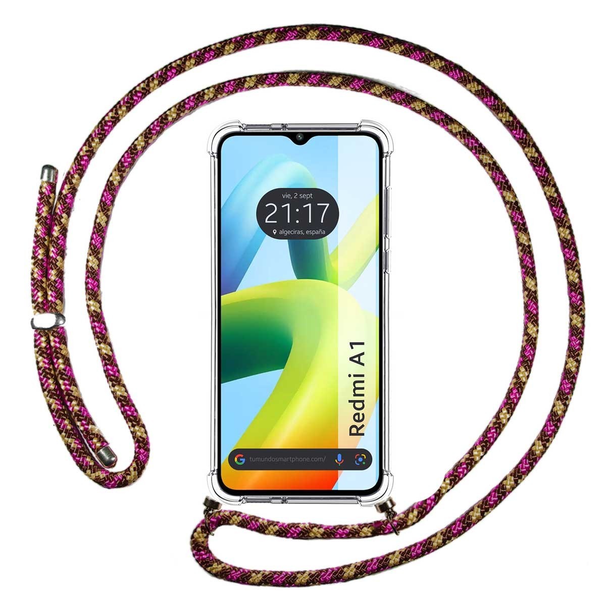 Funda Colgante Transparente para Xiaomi Redmi A1 con Cordon Rosa / Dorado