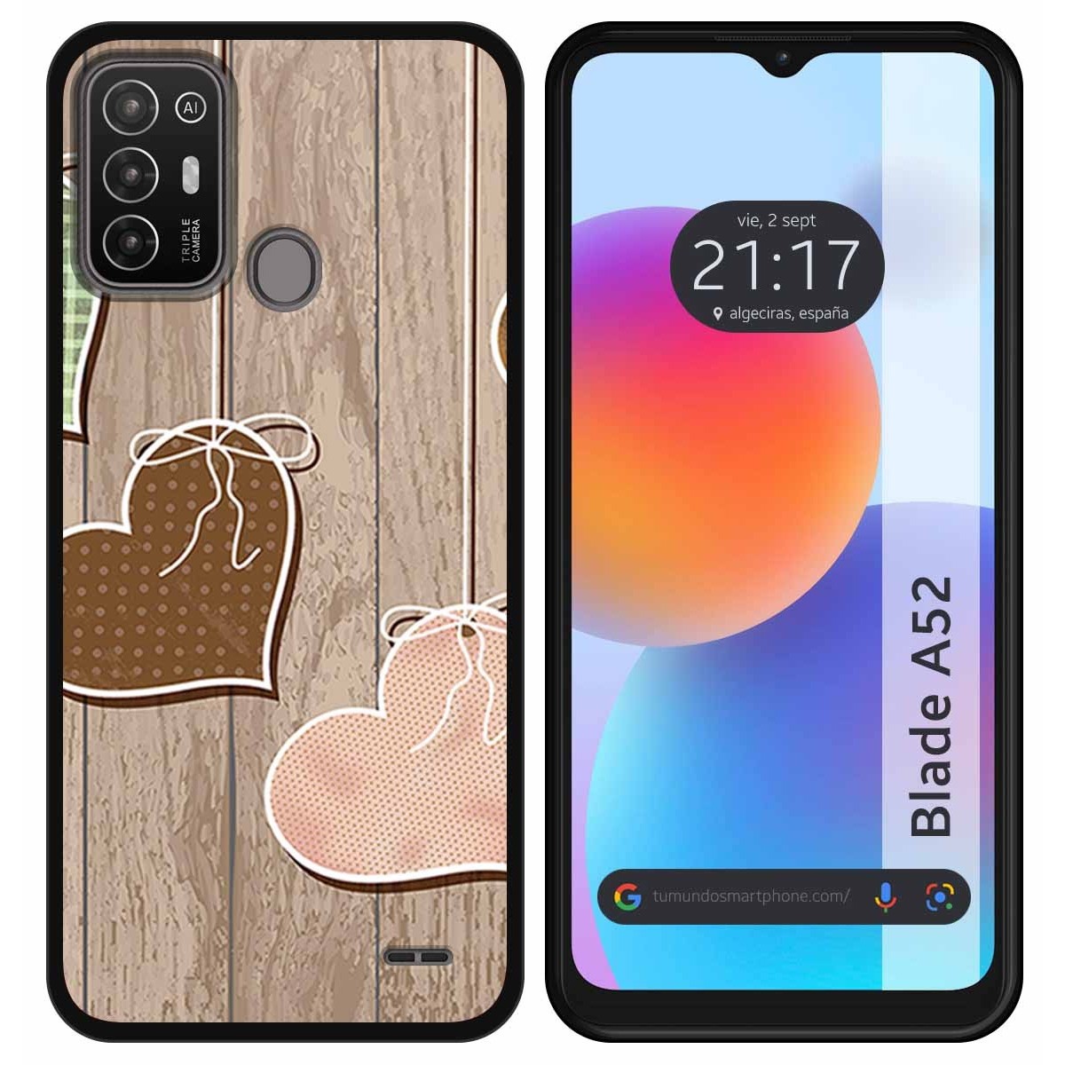 Funda Silicona para ZTE Blade A52 diseño Corazones Madera Dibujos