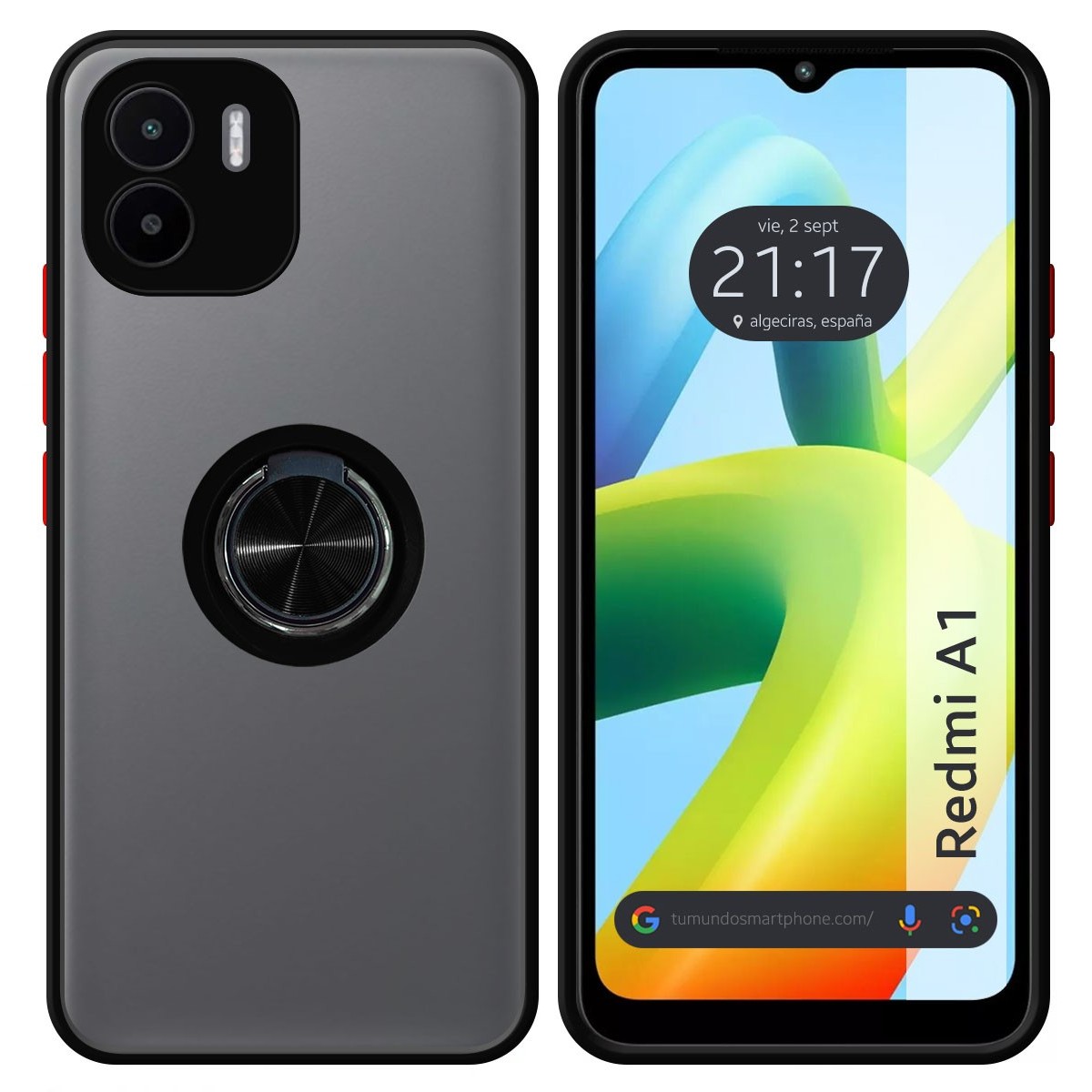 Funda Mate con Borde Negra y Anillo Giratorio 360 para Xiaomi Redmi A1