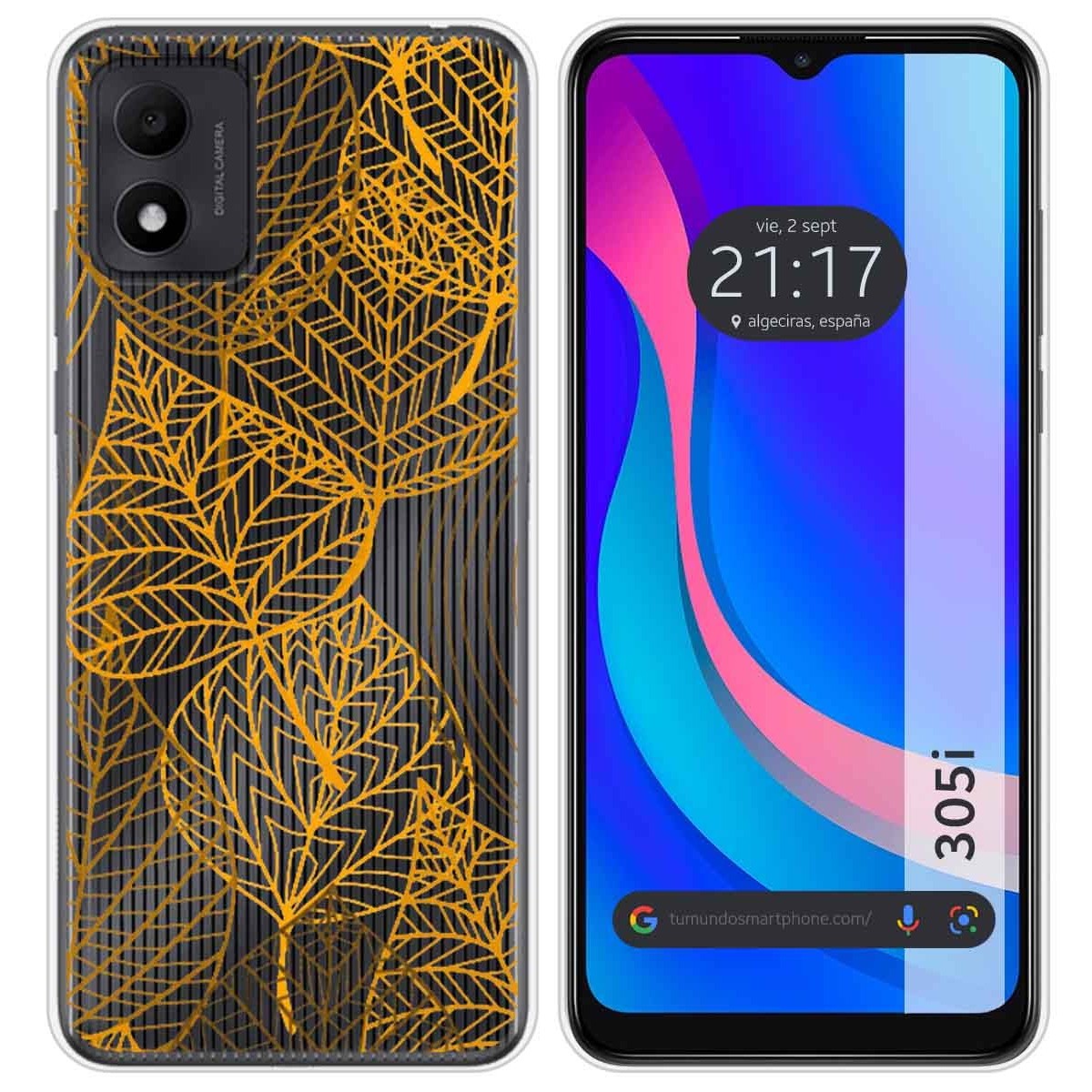 Funda Silicona Transparente para TCL 305i diseño Hojas Dibujos