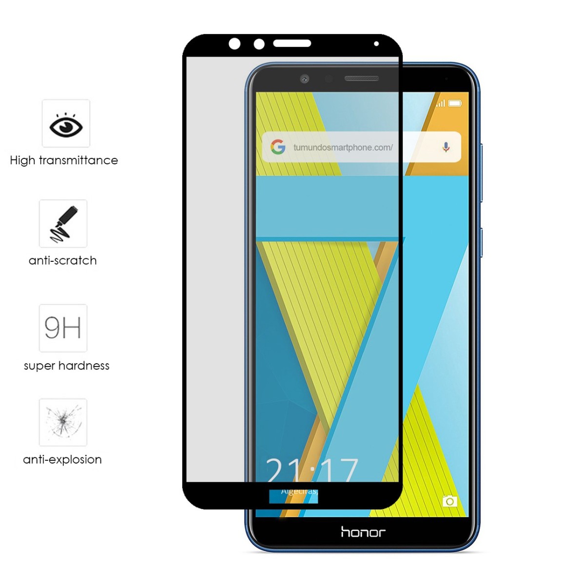 Protector Cristal Templado Frontal Completo Negro para Huawei Honor 7X Vidrio